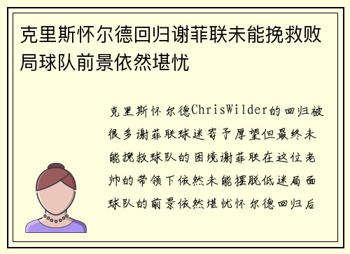 克里斯怀尔德回归谢菲联未能挽救败局球队前景依然堪忧 克里斯怀尔德回归谢菲联未能挽救败局球队前景依然堪忧