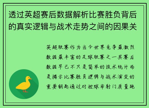 透过英超赛后数据解析比赛胜负背后的真实逻辑与战术走势之间的因果关系